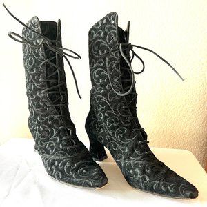 Black Victorian-Inspired Lace-Up Genuine Leather Boots (Size 38)